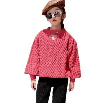 Детский модный свитер с вырезами для девочек, свободный повседневный пуловер с пышными рукавами, Элегантные детские однотонные плотные костюмы