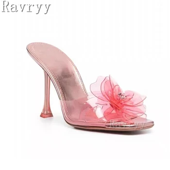Розовые ПВХ Прозрачные тапочки с бриллиантовым цветком, босоножки на высоком каблуке с квадратным носком, Летние пикантные брендовые модельные туфли Женские