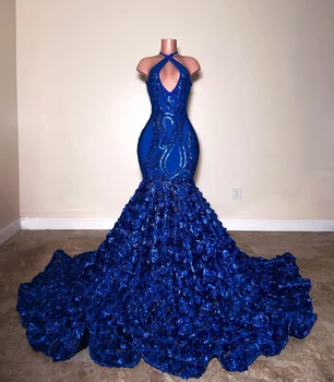 Африканская чернокожая девушка королевского синего цвета Русалка, длинные роскошные платья для выпускного вечера 2023, изысканные платья для выпускного вечера с блестками и 3D цветами