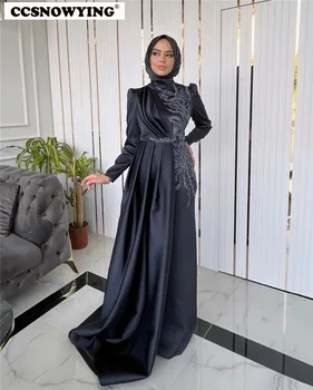 Черные Атласные аппликации, Мусульманские вечерние платья, Хиджаб с длинным рукавом, Исламское вечернее платье, Женские Арабские Дубайские вечерние халаты