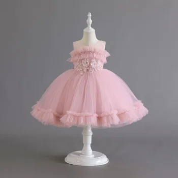 Розовое платье принцессы на день рождения для маленьких девочек на 1 год, расшитое бисером, с цветочными аппликациями, детский костюм для свадебной церемонии