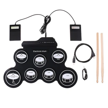 Электронные музыкальные барабаны Ручной рулон USB-барабана Черный Силикагелевый комплект из 7 пэдов с педалью сустейна для барабанных палочек