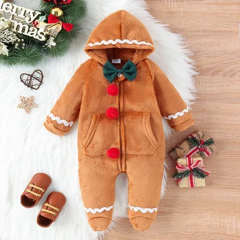 RWYBEYW Для новорожденных мальчиков и девочек, Рождественский костюм Пряничного человечка, пушистый комбинезон с длинным рукавом, комбинезон с капюшоном, осенняя одежда