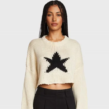 Модный винтажный женский укороченный свитер 2024 года, вязаный пуловер с длинными рукавами в стиле гранж, топы со звездами, вязаные крючком топы в стиле ретро, одежда Y2k