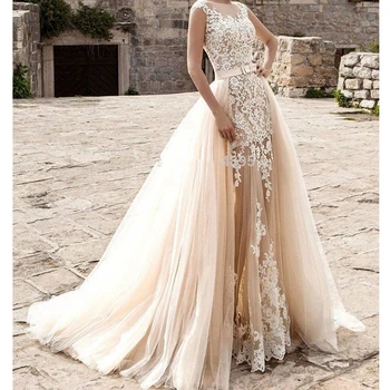 Съемная юбка из мягкого тюля цвета шампанского, длина до пола для свадебного платья, длинный хвост, Элегантная верхняя юбка для новобрачных