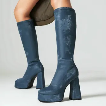 Темно-синие эластичные женские туфли до колена в лаконичном стиле, красные, белые, на платформе и высоком каблуке, Сексуальные эластичные сапоги коричневого цвета, Роскошные женские боты