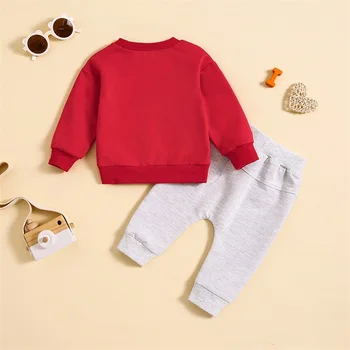 Комплекты на День Святого Валентина для маленьких мальчиков, красный пуловер с длинными рукавами и штаны на завязках