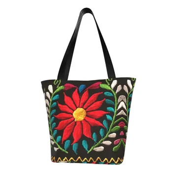 Мексиканская Испанская вышивка, сумки для покупок с цветами, Холщовая сумка для покупок через плечо, Традиционная текстильная сумка с цветами.