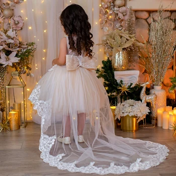 Летнее платье для девочек в цветочек цвета слоновой кости, трапециевидное платье Hi-Lo для милых девочек, платье принцессы на свадьбу, Кружевная аппликация, платье для первого причастия, платья