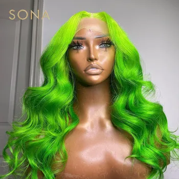 Лаймовый зеленый 13x6 HD Прозрачные парики на кружеве для женщин, Цветные Человеческие волосы, 13x4 Парик на кружеве, Объемная волна, Предварительно выщипанный