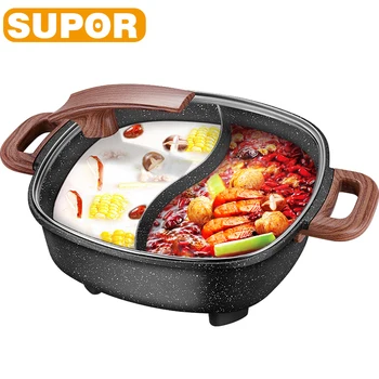 Электрическая китайская сковорода SUPOR Hot Pot 2 в 1, портативная, 6 л, из прочного материала, быстро разогревается для приготовления моллюсков и овощей в домашних условиях