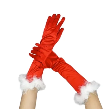 Рождественские перчатки Санта-Клауса для Косплея, Зимние варежки с длинными пальцами, Эластичные Теплые перчатки с колокольчиками / Белыми манжетами для девочек-подростков