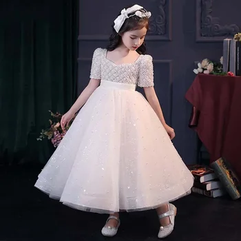 Свадебное платье для девочек-цветочниц, платья принцесс на День рождения, Детское Фортепианное представление, Белое платье, расшитое блестками.