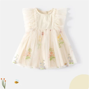 Маленькое сетчатое платье для девочек Mori Department в свежем стиле, Изысканное детское платье с цветочной вышивкой, милое тюлевое платье для маленькой девочки