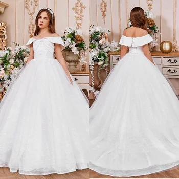 Элегантные белые платья с открытыми плечами для девочек-цветочниц на свадьбу 2023, кружевные аппликации принцессы, платья для первого причастия, украшенные бисером.