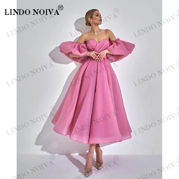 LINDO NOIVA Милые Короткие вечерние платья трапециевидной формы из розовой органзы, плиссированные платья для выпускного вечера, вечерние платья Robe De Soirée для женщин