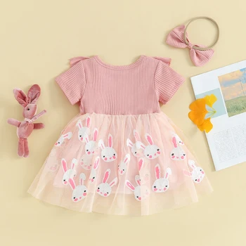 Пасхальный наряд для новорожденных девочек, комбинезон с кроликом, короткий рукав, оборки, фатиновое платье с блестками, бант, летняя одежда для новорожденных.
