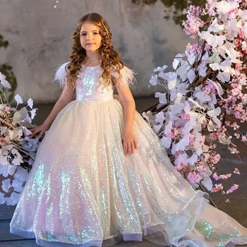 Платье для девочки с цветочным узором, расшитое бисером, Короткие рукава, тюль, принцесса, День рождения для маленькой девочки, Свадебное платье для Первого причастия