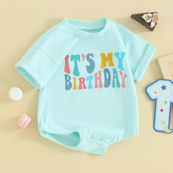 Летний комбинезон для новорожденных, наряд на день рождения, комбинезон с короткими рукавами и буквенным принтом для маленьких мальчиков и девочек, милая одежда