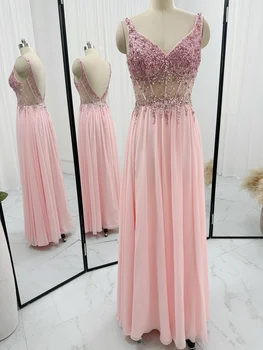 Розовое расшитое бисером сексуальное вечернее платье с V-образным вырезом и прозрачной талией из марли M1154