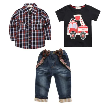 Комплект джинсов для мальчиков Hooyi, 3 шт., клетчатая рубашка, футболка с пожарной машиной, Джинсовые брюки на подтяжках, детская одежда, Автомобильная экипировка, брюки, костюмы