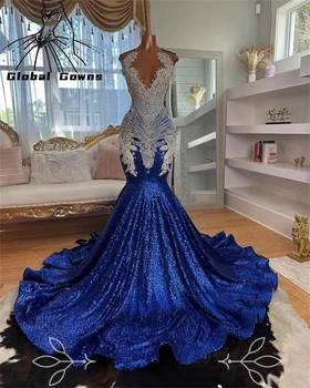 Роскошное длинное платье королевского синего цвета для выпускного вечера для чернокожих девочек 2023, расшитое стразами, платья для дня рождения, вечернее платье Русалки, Robe De Bal