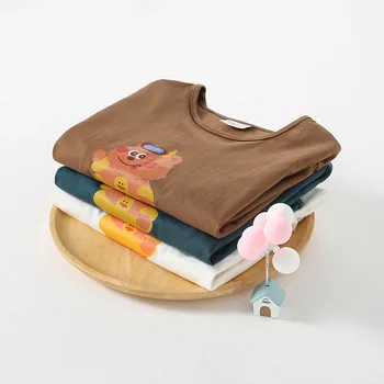Осень 2023, Новая Детская футболка в корейском стиле с мультяшным принтом, Базовая рубашка с круглым вырезом и длинными рукавами для мальчиков и девочек в корейском стиле