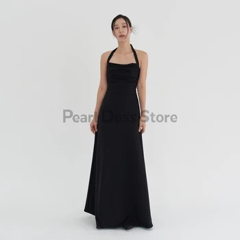 Черное вечернее платье трапециевидной формы с регулируемым плечевым ремнем на шее, Корейское простое платье для выпускного вечера, Женское плиссированное платье, новинка 2023 года