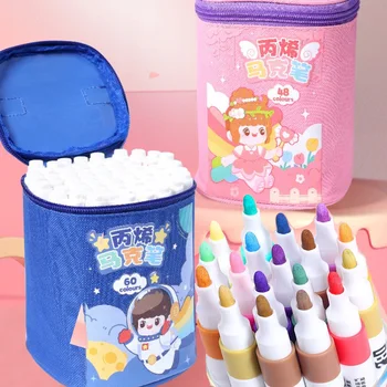 Набор акриловых фломастеров от 24 до 60 цветных кистей, дизайн ручной росписи по аниме для детей, Моющаяся нетоксичная акварельная ручка 