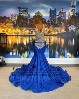 Выпускные платья Королевской синей Африканской русалки с хрустальным бисером, вечерние платья без спинки, придворные платья для вечеринок со шлейфом