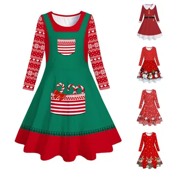 Рождественское платье для девочек, детское платье для малышей, осеннее платье принцессы с рождественским принтом и длинными рукавами, Новогодние Карнавальные платья, халат