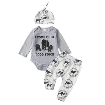 Осенняя одежда для маленьких мальчиков и девочек, Комбинезон с длинными рукавами и принтом коровы + Штаны + Шапка, Комплект Одежды для новорожденных