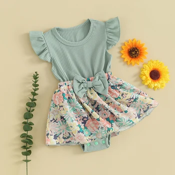 Летнее платье-ползунки для маленьких девочек с летящими рукавами и цветочным принтом в горошек, лоскутный комбинезон