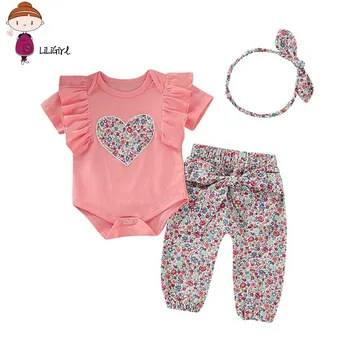 Комплект одежды для новорожденных девочек, Футболка с коротким рукавом + штаны с принтом + ленты для волос, 3 шт., Летний комплект одежды Для Маленьких девочек 0-12 м, Милые штаны с бантом