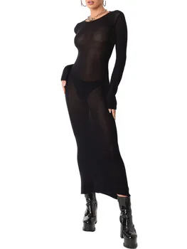 Женское прозрачное вязаное Длинное платье, Макси-облегающее платье с длинным рукавом, вязаное крючком, Пляжное бикини с открытой спиной, прикрывающие платья