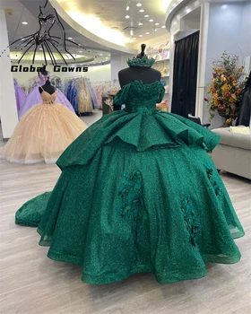 Зеленое бальное платье с открытыми плечами, Пышное платье для девочек, расшитое 3D цветами, платья для дня рождения, Многоуровневые платья для выпускного вечера, Robe De