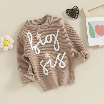 Свитер крупной вязки для маленькой девочки с вышивкой буквами, пуловеры с круглым вырезом и длинными рукавами, джемперы, осенне-зимняя одежда