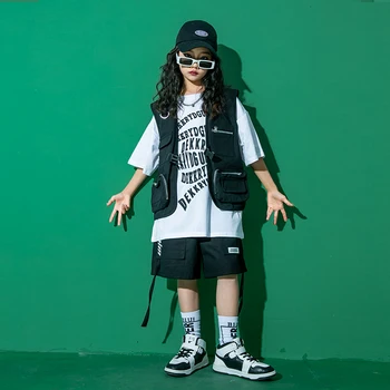 Детская одежда в стиле хип-хоп, черная куртка, жилет, топы, повседневные шорты-карго, джоггеры, брюки для девочек и мальчиков, одежда для джазовых танцев на сцене