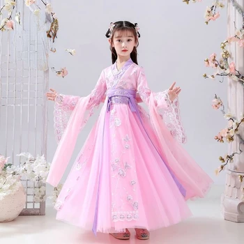 От 3 до 12 лет японское и корейское детское платье Hanfu, детское платье, весенне-осеннее платье принцессы для девочек, платье Танг, газовая юбка