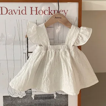 Платье на бретелях для маленьких девочек с рукавами-крылышками, милые платья на подтяжках, летняя детская одежда