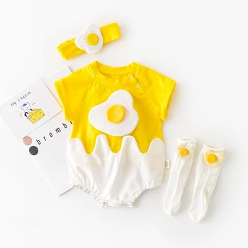 Комплект детской одежды с рисунком яйца и треугольника, Хлопковый подарок на первый день рождения ребенка с круглым вырезом + Повязка на голову + носки