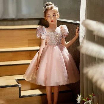 Праздничное платье принцессы для девочек-подростков 2024 года, детские платья с блестками и цветами для свадеб, детское роскошное бальное платье для вечеринок