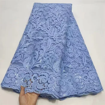 Синяя Новейшая африканская кружевная ткань, 5 ярдов блесток, высококачественная швейцарская вышивка, материал пошива халата в Нигерийском стиле, Французское тюлевое кружево