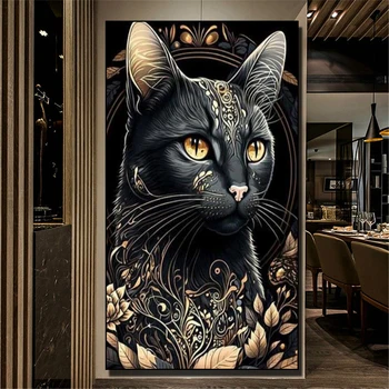 Большая картина из алмазной мозаики с золотым цветком черного кота, вышитая стразами, полная алмазная картина, новинка 2023 года, большой декор для дома