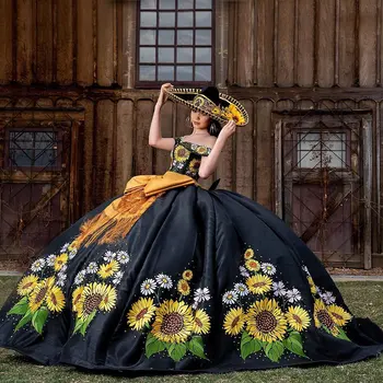 Мексиканское Вышитое Подсолнухом Черное Пышное Платье С Бантом, Бальное Платье С Открытыми Плечами Charro Sweet 16 Платьев