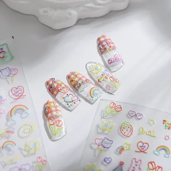 Цветные Мультяшные Граффити С Милыми 5D Мягкими Рельефами с тиснением, Самоклеящиеся наклейки для ногтей, Прекрасные 3D Наклейки для маникюра Оптом