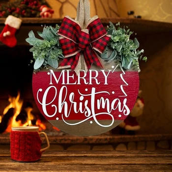 Рождественская дверная вывеска Праздничное письмо, украшение в виде венка на входную дверь в клетку с бантом, Забавный Круглый Деревянный настенный кулон