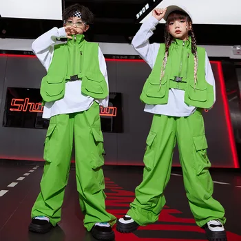 Одежда в стиле хип-хоп для девочек и мальчиков, зеленая куртка без рукавов, жилет, повседневные брюки-карго с карманами и рюшами для детей, одежда для джазовых танцев