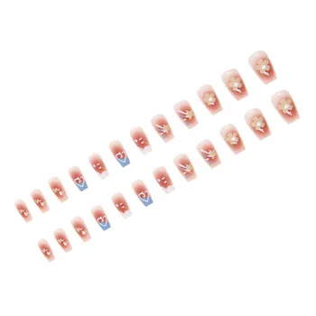 Накладные Ногти с Красочным Цветочным Рисунком Сладкие Накладные Ногти Глянцевый Телесный Клей на Ногтях Украшение для Ногтей DIY