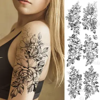 Временные татуировки Черного Лотоса для женщин и взрослых, реалистичная роза, водонепроницаемая поддельная татуировка, наклейка на руку, талию, большие 3D татуировки